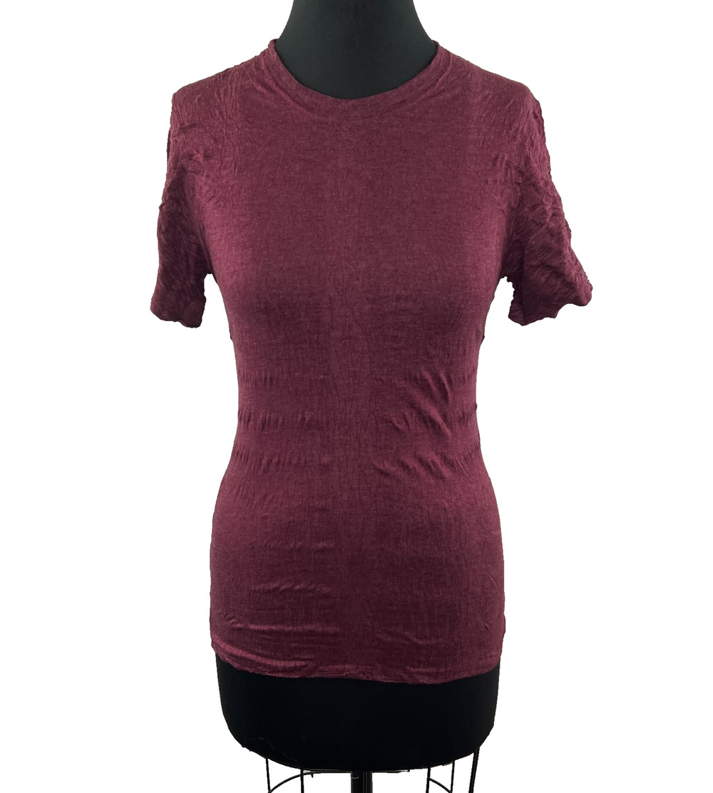 MUJI Scrunched Purple Burgundy Red Short Sleeve T Shirt Unique Top Size S Small